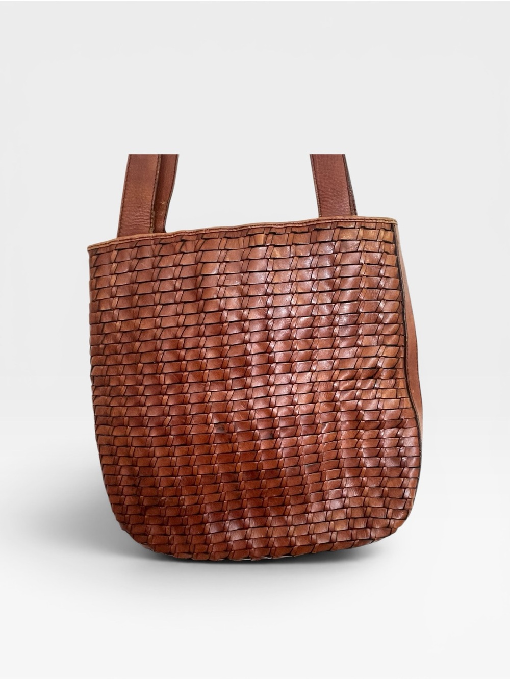 Vintage Fossil Woven Leather Shoulder Bag Tote Cognac Brown Boho Crossbody - Picture 2 of 14